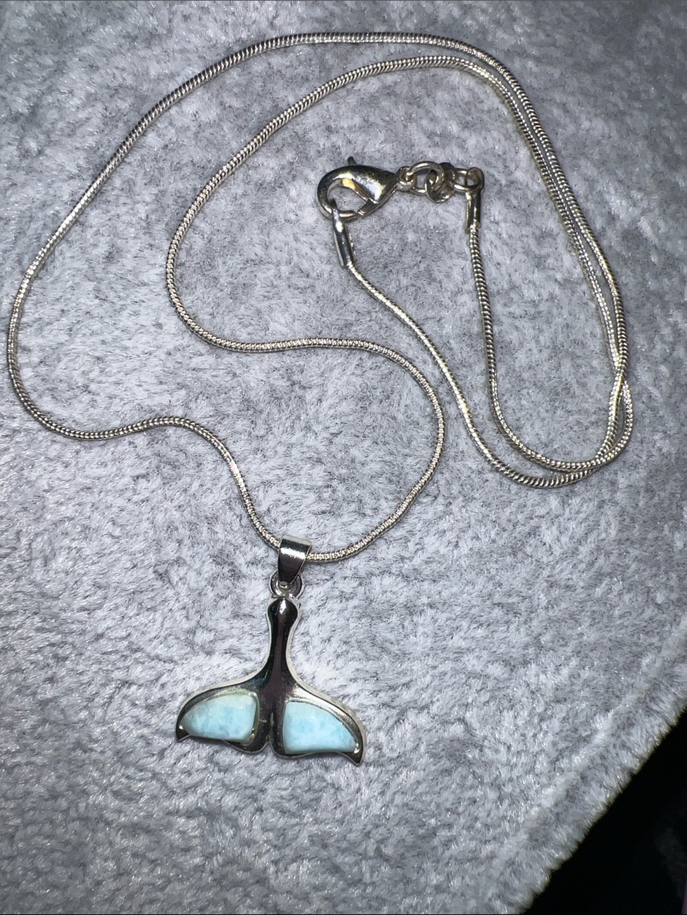 Sterling Silver Whale Tail Pendant Necklace with Larimar Inlay